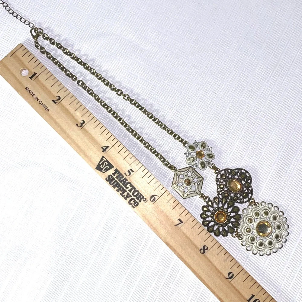 Statement Necklace Gold Tone Geometric Floral Amber Rhinestone Pendant‎ Choker